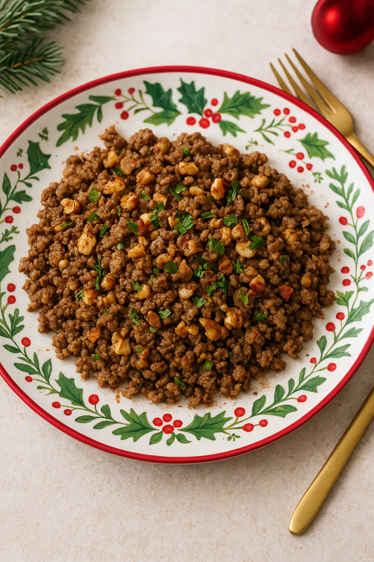 Weihnachtsessen: vegetarische Hack-Allerlei-Pfanne mit Nüssen und Kräutern von möhrengrün