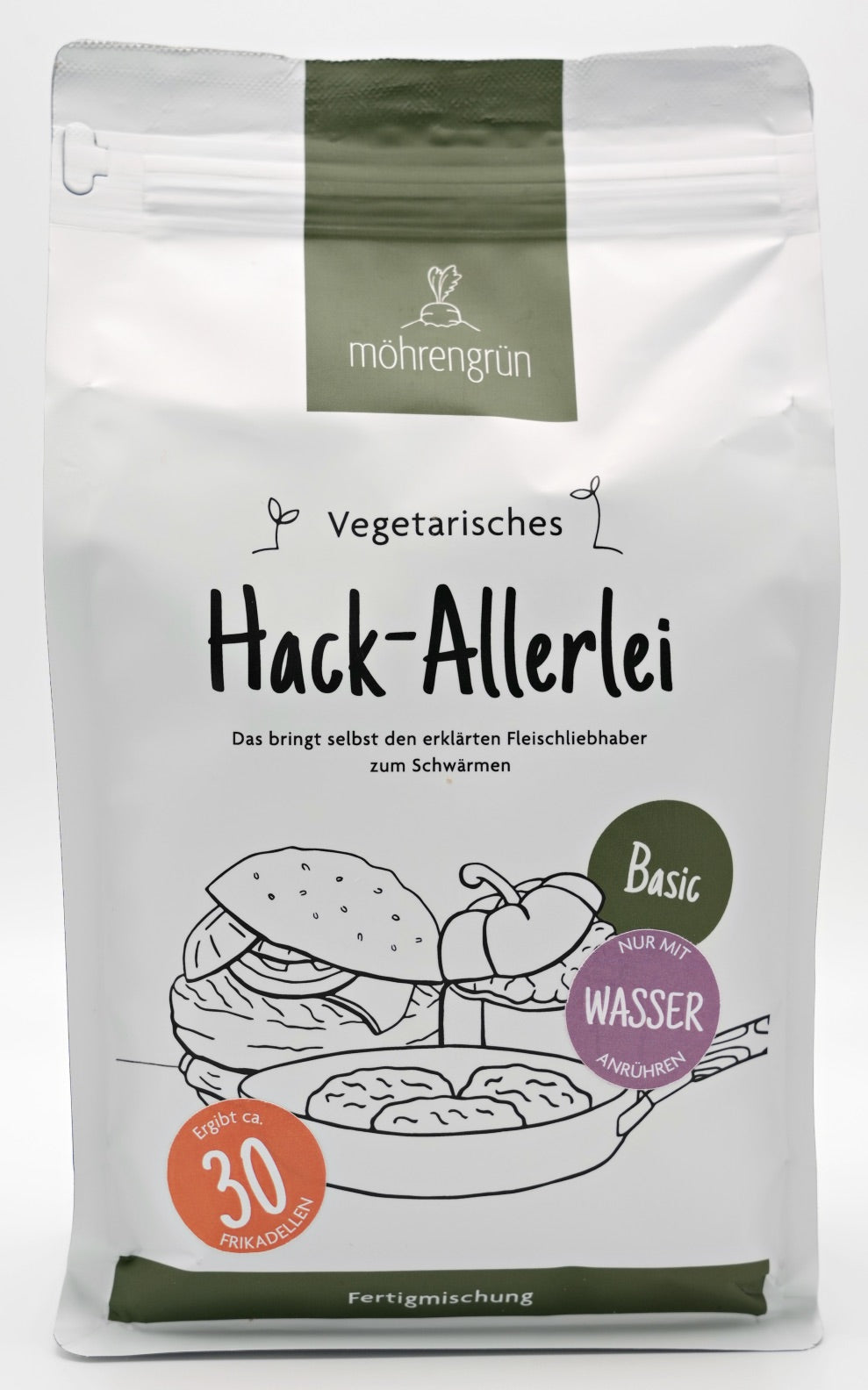 Die Vorderseite der 1kg-Tüte des vegetarischen möhrengrün Hack-Allerlei Basic