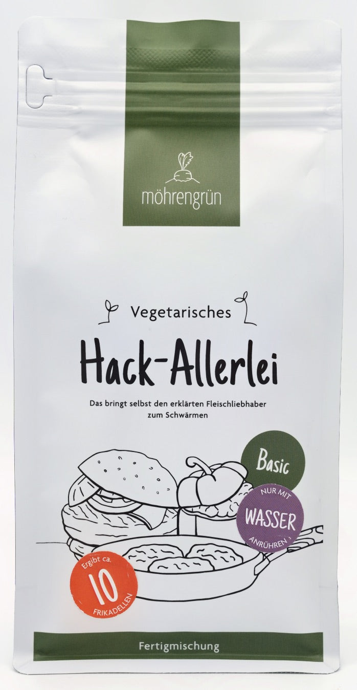 Die Vorderseite der 400g Tüte des vegetarischen möhrengrün Hack-Allerlei Basic