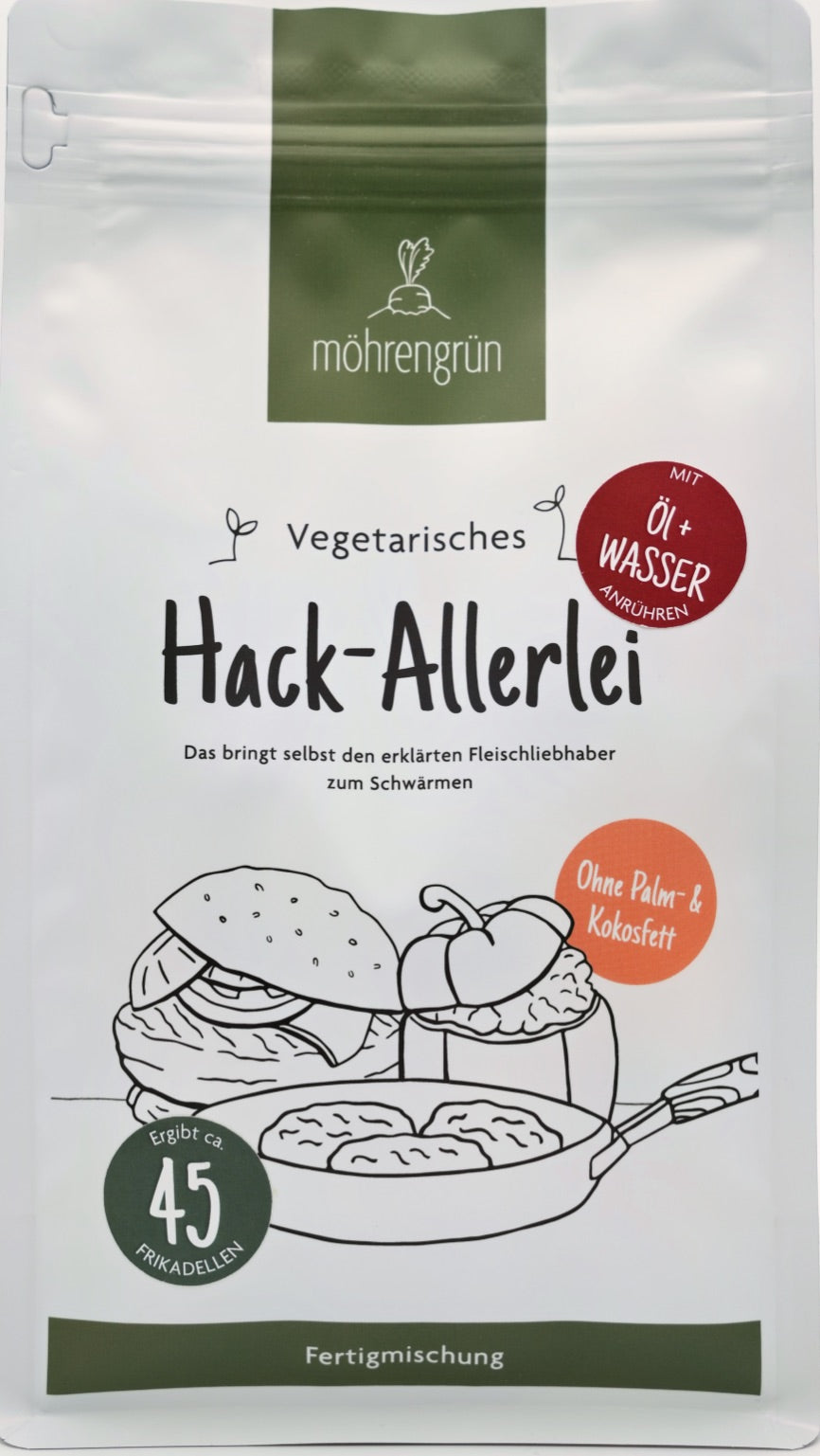 Die Vorderseite der 1kg Tüte des möhrengrün vegetarischen Hack-Allerlei ohne Fette