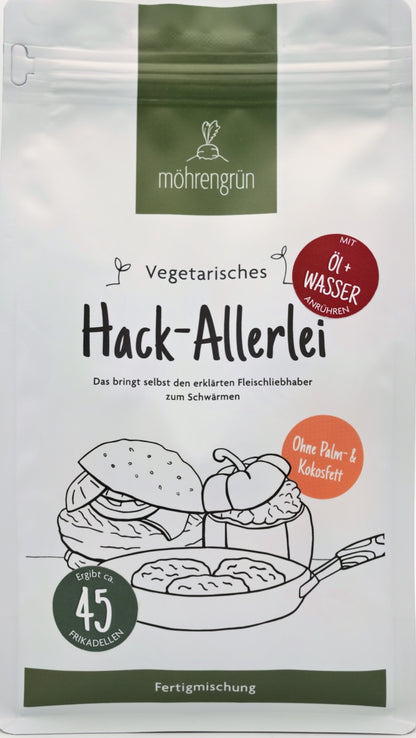 Die Vorderseite der 1kg Tüte des möhrengrün vegetarischen Hack-Allerlei ohne Fette
