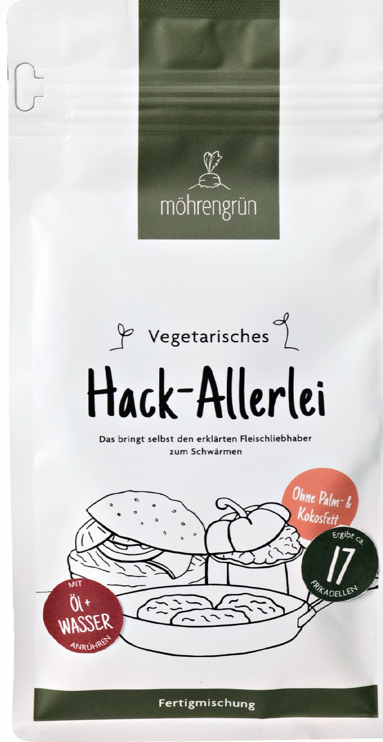 Vorderseite der 400g Packung des möhrengrün vegetarischen Hack-Allerlei ohne Palm- & Kokosfett